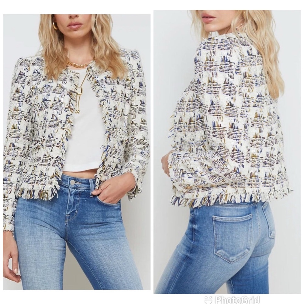 L'AGENCE Angelina Woven Crop Jacket in Ivory Multi Tweed Plaid New with Tags!